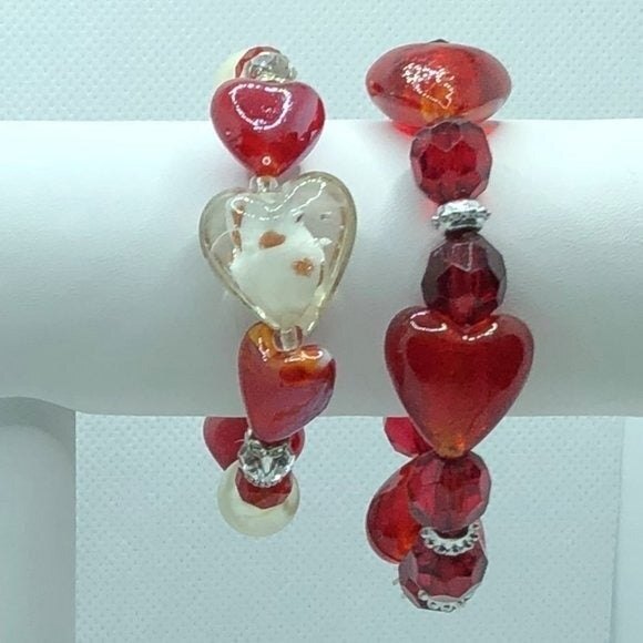 Beaded Heart Stretch Bracelets Set of Two Red - Picture 1 of 5